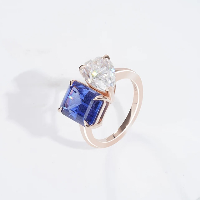 Nhẫn Sapphire Và Moissanite Toi Et Moi 14K Soild Gold Lab