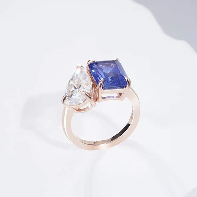 Nhẫn Sapphire Và Moissanite Toi Et Moi 14K Soild Gold Lab