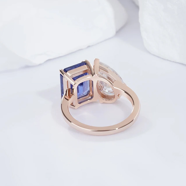 Nhẫn Sapphire Và Moissanite Toi Et Moi 14K Soild Gold Lab