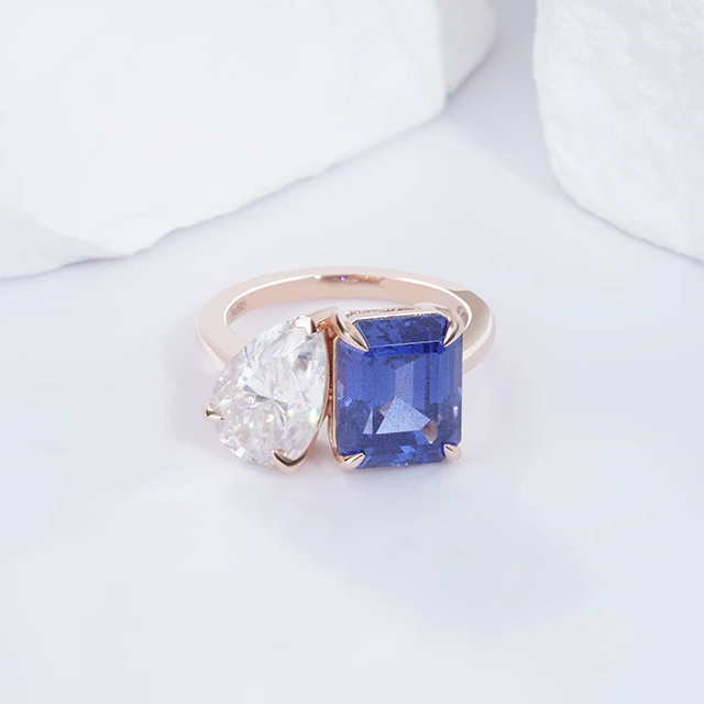 Nhẫn Sapphire Và Moissanite Toi Et Moi 14K Soild Gold Lab